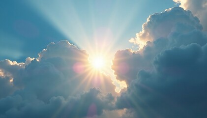 The sun shines through gaps in the thick grey cumulus clouds, cloudscape, landscape, sky