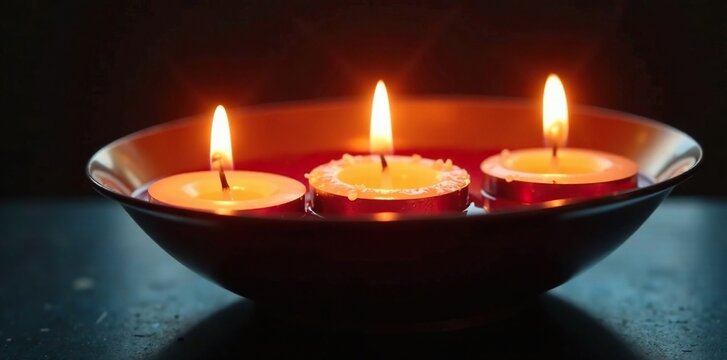 Three candle flames reflected in shiny metal bowl, light reflection, candles