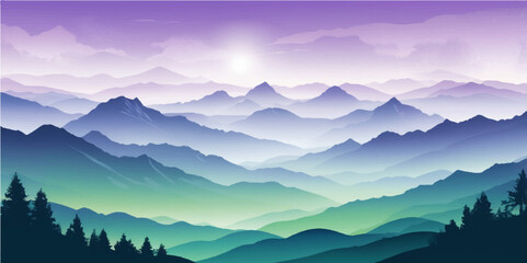 Obraz premium Morning mountain landscape with misty peaks and a clear blue sky