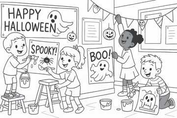 Fototapeta premium Kids painting and hanging Halloween decorations in the classroom, creating a festive atmosphere filled with spooky fun and creativity