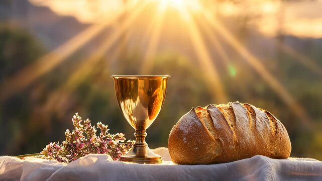 Ornate golden chalice beside warm bread and wheat stalks, illuminating sacred communion ritual during soft golden sunset light