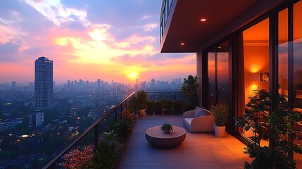High rise balcony sunset city view illustration