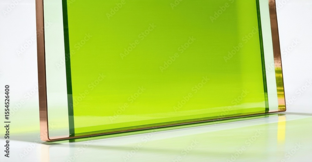 Poster bright green rectangular glass panel. copper trim edges visible. reflective surface, simple studio l