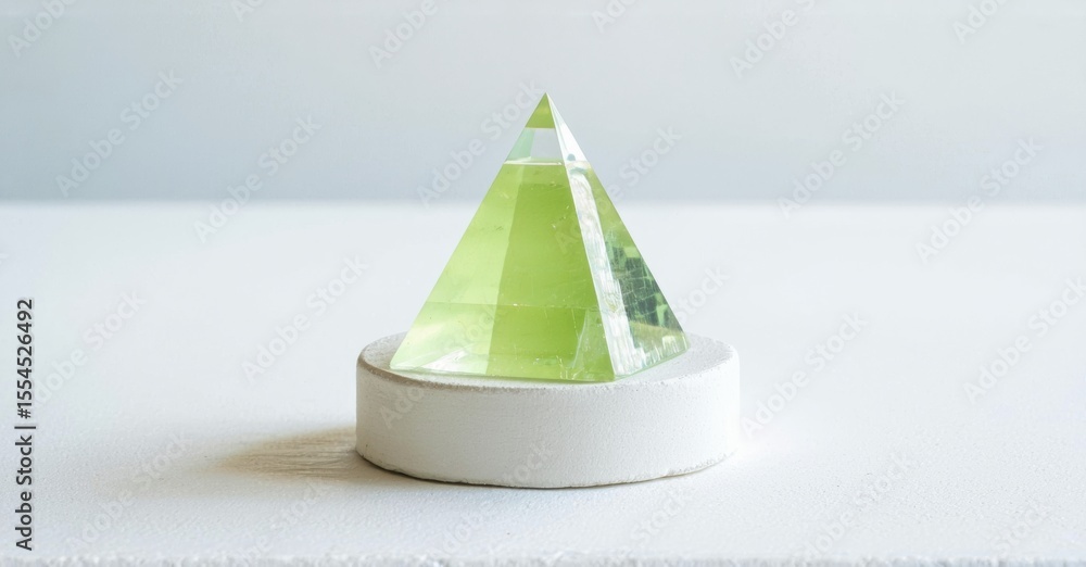 Poster green pyramid rests upon white base. simple studio shot, clean background, minimal composition. ligh