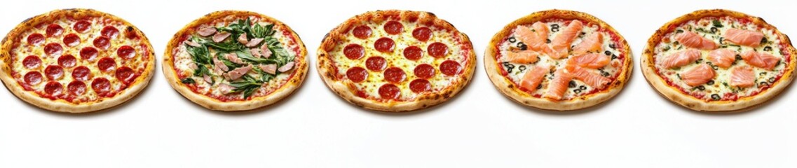 Delicious Pizza Assortment Pepperoni, Ham, Salmon Toppings on White Background, Pizza, Italian food