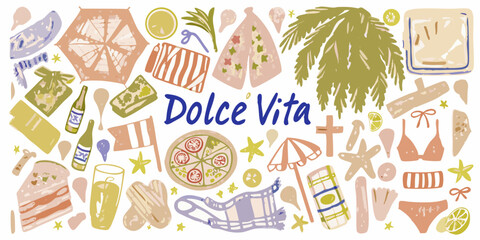 Embrace the sweet life with a vibrant collection of italian summer beach and food icons