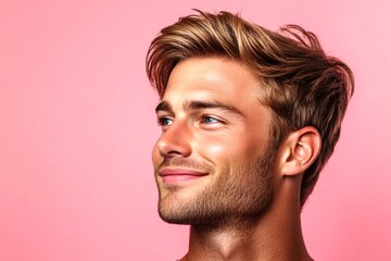 Fototapeta premium A man with natural beauty and a confident stance. Pink solid background. Fashionable men's slick back with fade haircut - midlife white man with blond hair. Idea of style for aging men.