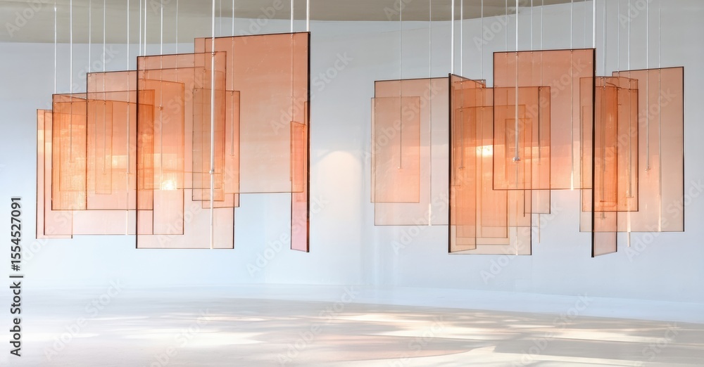 Poster Minimalist installation. Orange translucent panels suspended, creating light, shadow patterns within gallery space. Clean lines, modern aesthetic.