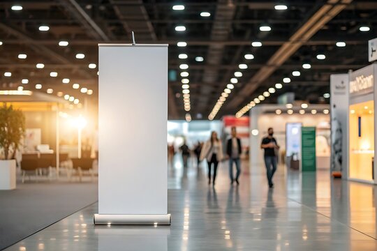 Blank Roll-Up Banner Display in Modern Convention Center, Bright Lighting, Blurred Background, Professional Trade Show Setting