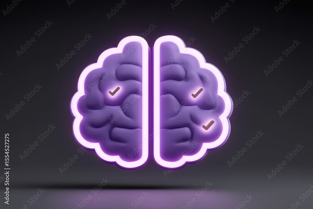 Aufkleber conceptual image of a stylized brain illuminated in vibrant purple hues with check marks, representi
