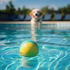 Dog Playing with Ball in Pool