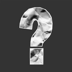 Torn paper question mark in ransom collage style. Wrinkled surface, halftone texture, stipple dot grunge effect, jagged retro shape.
