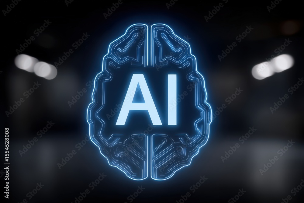 Poster illuminated brain shaped symbol of artificial intelligence highlighted in a futuristic dark environm