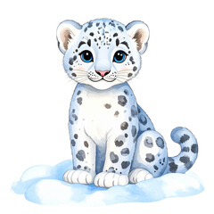Fototapeta premium Adorable Snow Leopard Cub: A charming illustration of a snow leopard cub sitting on a snowdrift, displaying its distinctive spotted coat and captivating blue eyes. 