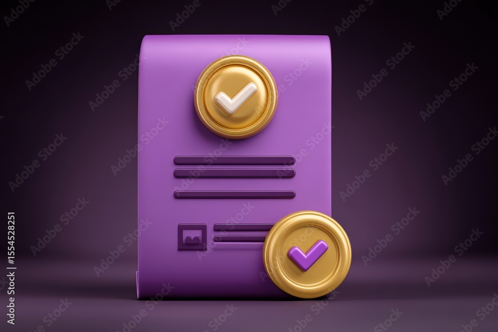 Poster digital document illustrating verified status with noticeable purple hue and gold checkmarks symboli