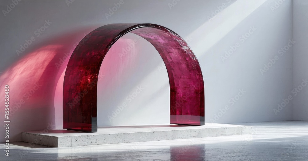 Poster red arch sculpture stands on concrete base. light creates shadows, highlighting translucent material