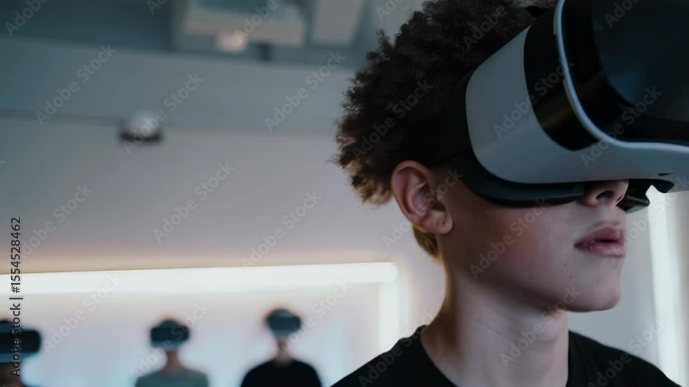 Aufkleber Young student wearing vr headset exploring virtual reality during class, engaging in immersive learning experience with other classmates in background