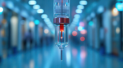 Medical saline drip close-up with blurred hospital background, infusion therapy setup, healthcare and emergency context