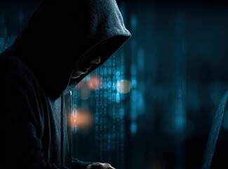 A hooded figure is immersed in typing on a computer, with digital code floating around, representing the secrecy and focus on cyber threats and security.
