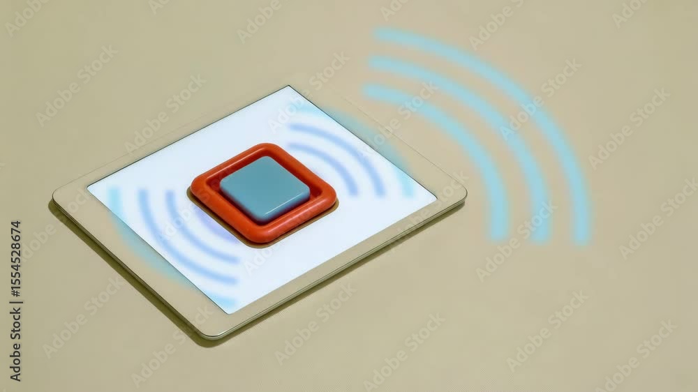 Poster modern tablet technology colorful buttons emitting sound waves for enhanced communication and innova