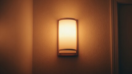 A cylindrical wall-mounted minimalist lamp glowing against a light beige wall