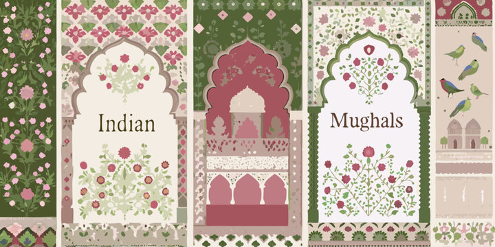 Intricate mughal indian floral archways and architectural details with birds and patterns