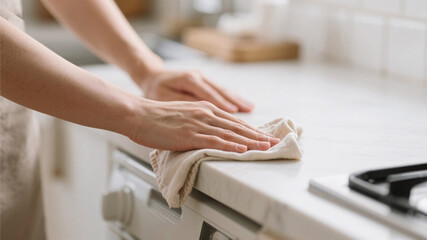 Obraz premium Soft reusable fabric cloth used to clean modern kitchen counter, close-up on hands practicing eco-friendly home care