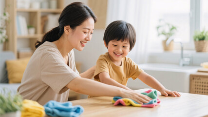 Obraz premium Happy family doing household chores with reusable fabric napkins, avoiding disposable paper towels, zero waste home