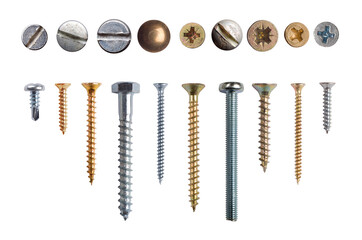 Collection of screws, bolts and screw heads, nuts, rivets, nail  isolated on white background. Set of fasteners as elements of industrial design. Top and side view.