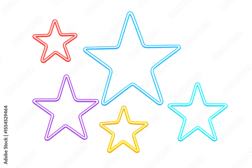 Poster glowing multicolored neon stars of different sizes radiating against transparent backdrop, producing