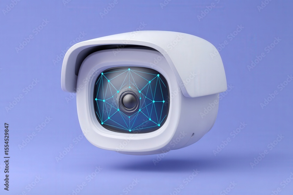 Poster futuristic camera design showcasing artificial intelligence technology with geometric network visual