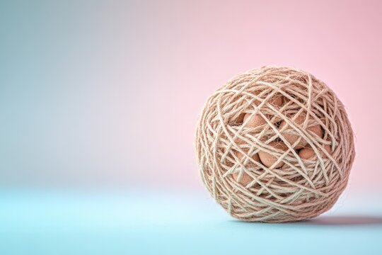 A ball made of hay and seeds is placed on pink and light blue gradient background photo.
