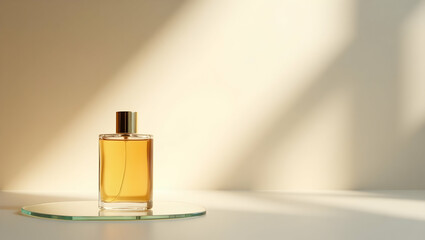 Product Stage Perfume bottle with golden cap on glass sheet highlighted by natural light beam, forming a soft, elegant visual composition ideal for modern product b (4)