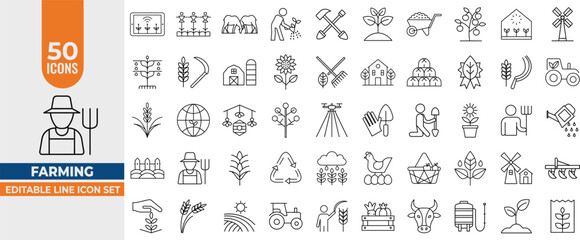 Farming Line Icons Set – Vector Set for Agriculture, Farmers, Animals, Seeding & Garden Tools. Editable Stroke. Vector illustration
