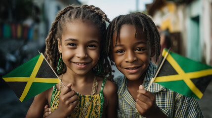 Smiling Jamaican Children Holding Flags During Independence Day Celebration in a Colorful Caribbean Neighborhood