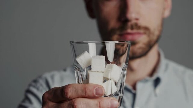 Caucasian man showing a glass full of sugar cubes on a gray background, raising awareness about excessive sugar consumption and its health risks