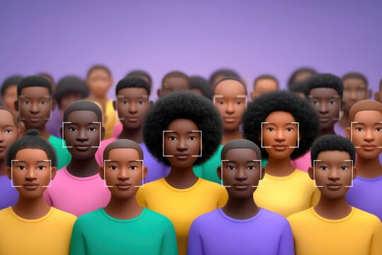 Diverse digital crowd with distinct expressions looking toward the viewer in vibrant colored shirts showcasing uniqueness and unity in a modern technological backdrop