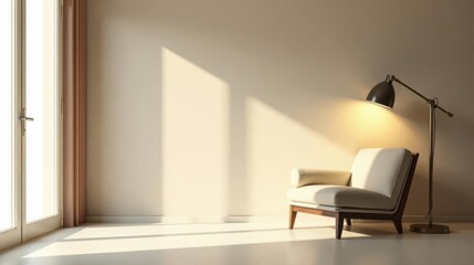 Fototapeta premium Serene Interior Design Featuring a Comfortable Armchair Illuminated by a Floor Lamp in a Sunlit Room