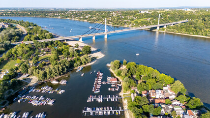Novi Sad, Serbia - June 22, 2025: Marina in Novi Sad with parked boats photographed from a drone