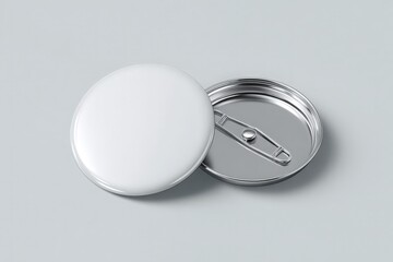 white pin badge mockup front and back view on light grey background, branding and promotional event designs
