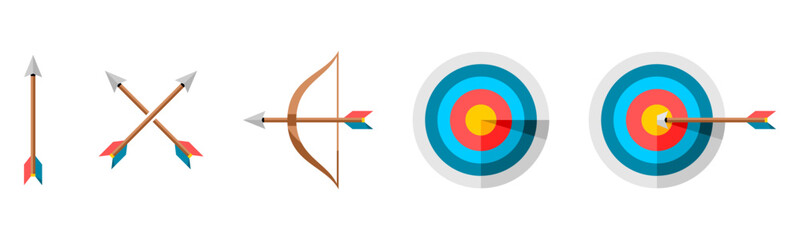 Set bow arrow archer shooting target icon flat vector design