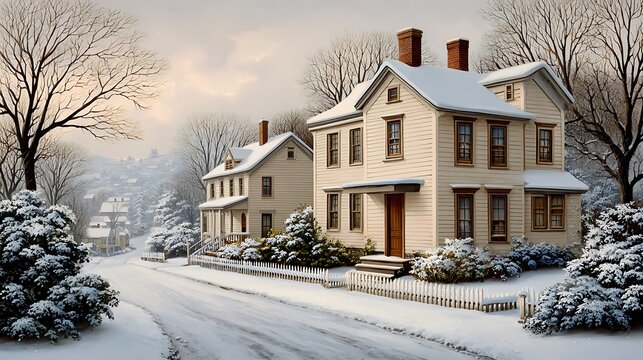 Charming victorian homes dusted with fresh snow on a quiet winter street lined with bare trees