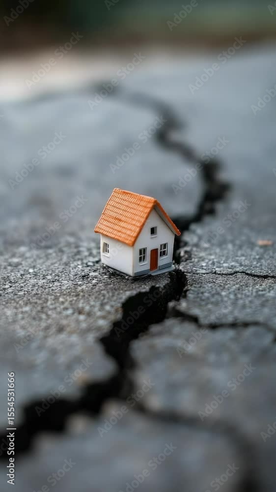Poster earthquake damage is shown by cracks splitting the ground around a miniature house, highlighting the