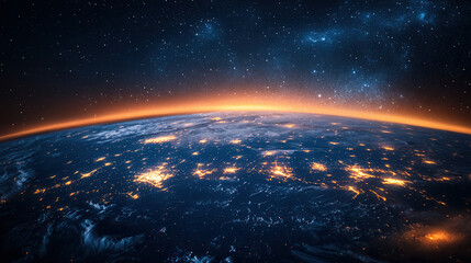 Obraz premium high-tech communications satellite orbiting earth with beams of light showing global internet coverage