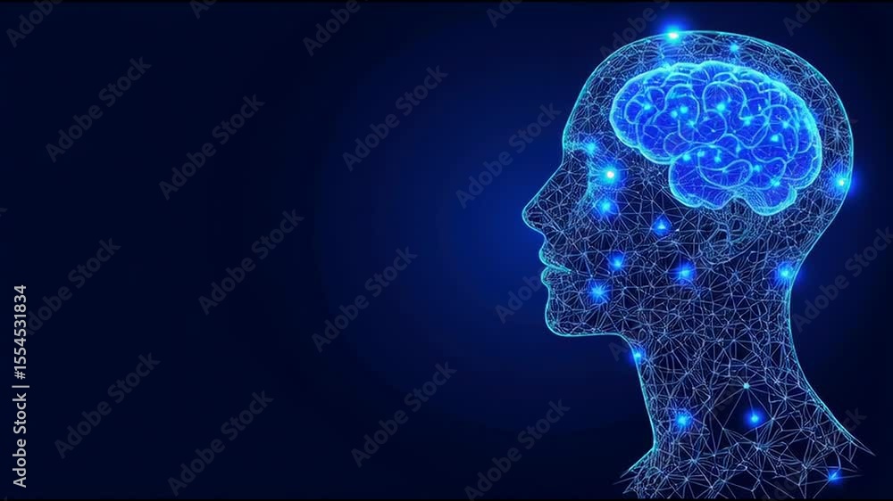 Poster human head with glowing brain symbolizing deep learning innovations in wealth management and financi
