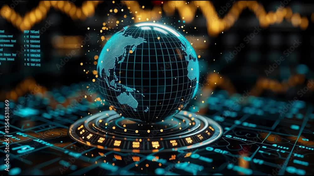 Poster globe positioned on a computer keyboard illustrating the intersection of global trade and blockchain