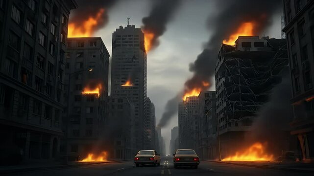City ablaze: urban fire disaster scene