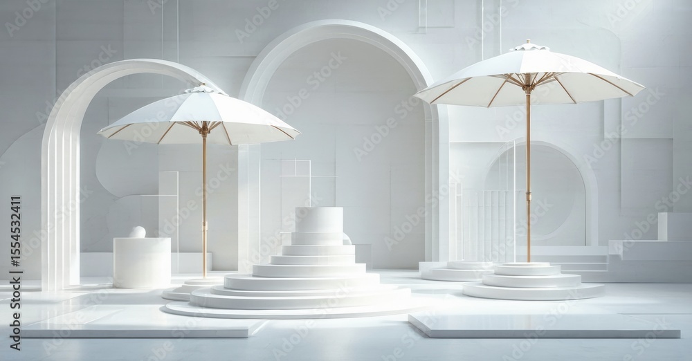 Poster minimalist scene. white arches, steps, umbrellas create surreal, elegant space. soft lighting emphas