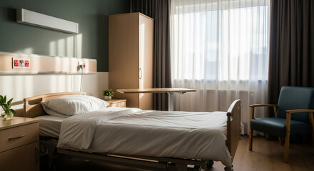 Modern hospital room interior design patient bed and medical equipment