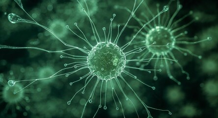 Close up view of several green viruses with tentacle like structures in a dark green background